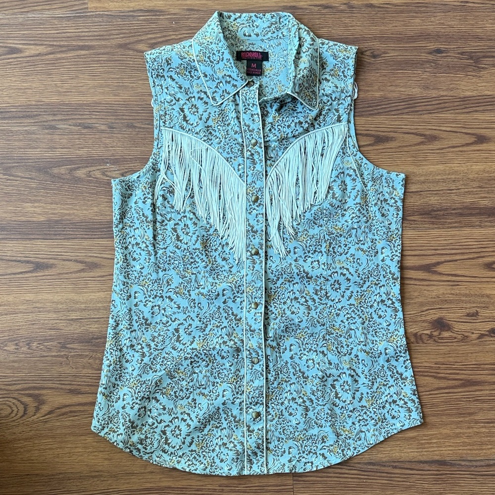 Rock & Roll Cowgirl Blue and White Button Down Shirt - Picture 3 of 5